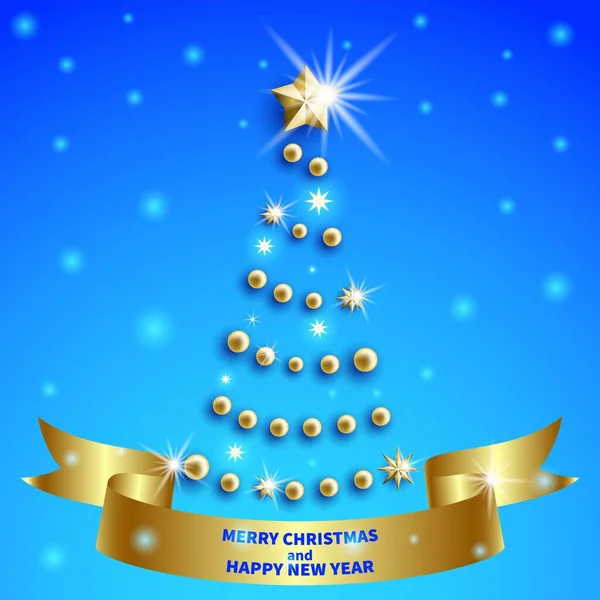 Jul Och Nyårsträd Med Glittrande Gyllene Bollar Och Stjärnor — Stock vektor
