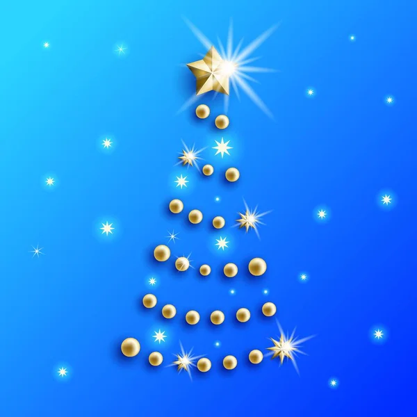 Árbol Navidad Bolas Oro Estrellas Sobre Fondo Azul Bonita Tarjeta — Archivo Imágenes Vectoriales