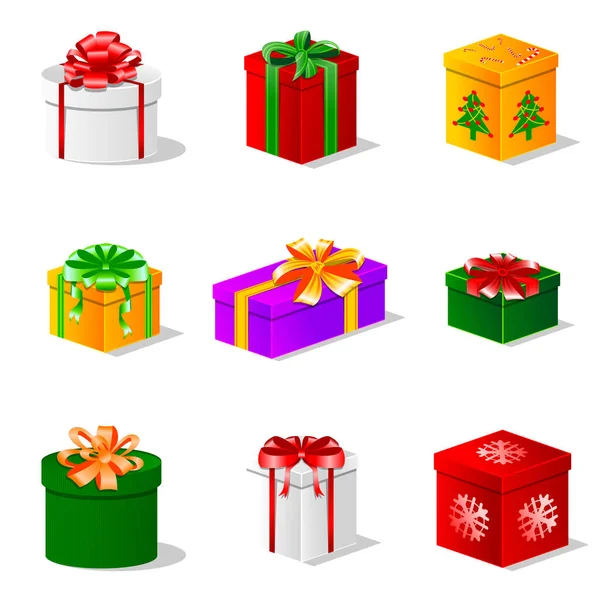 Set Scatole Regalo Colorate Con Fiocchi Natale Illustri Vettoriali Isolati — Vettoriale Stock