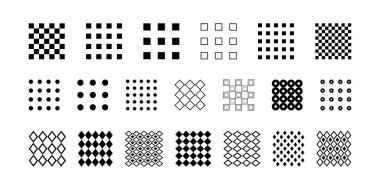 Basit kare kalıplar dizisi - ağ, ızgara, kafes. Minimalist memphis stilinde dekoratif unsurlar. Eşsiz tasarım, dekor veya kolaj oluşturmak için, dairelerin, karelerin ve eşkenar dörtgenlerin geometrik desenleri.