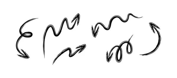 Pinselstrich Schwarze Pfeile Mit Wirbeln Und Schlaufen Handgezeichnete Dekorative Elemente — Stockvektor