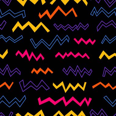 Renkli zikzak çizerek kusursuz geometrik siyah desen. Kumaş, tekstil, duvar kağıdı için modaya uygun ve şık bir baskı. Minimalist soyut desen, zigzag izi, geometrik siyah modern arkaplan.