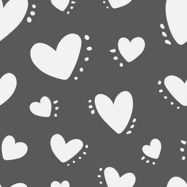 Cute baby gray pattern with white hearts and spots, dots, love texture, romantic print. Seamless pattern for fabric, for textile, with cute hearts, simple hand drawn children's print