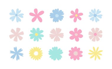 Basit pastel düz çiçekler. Vektör beyaz arka planda çiçek dekoratif elementlerini izole etti. Dekorasyon, kartpostallar, davetiyeler ve farklı tatiller için kolajlar için çiçek simgeleri