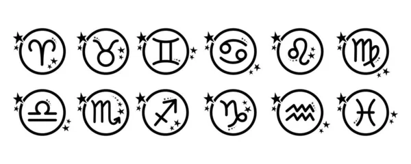 黄道带星座 十二宫星座的占星学符号 矢量平面插图 孤立于白色背景 星象元素和星空黑色圆形图标 — 图库矢量图片