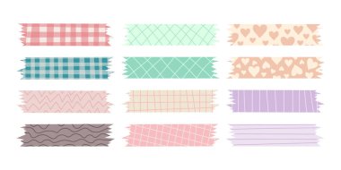 Set of decorative patterned pieces of adhesive tape in pastel colors. Scrapbooking element for creating stylish digital collages. Colorful patterned washi tape strips, cute decorative scotch tapes.