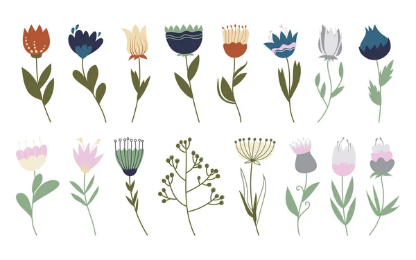 一套夏天和春天的扁平民花 隔离在白色的背景上 用于设计和装饰的一组花卉装饰元素 春天矢量手绘古色古香的花朵 — 图库矢量图片