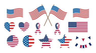 Bağımsızlık Günü simgeleri. ABD bayrak illüstrasyonu, işaret ya da sembol, rozetler. Columbus Günü, NMAM, Amerikan ulusal bayramı için geleneksel vatansever ABD simgeleri. ABD Anma Günü.
