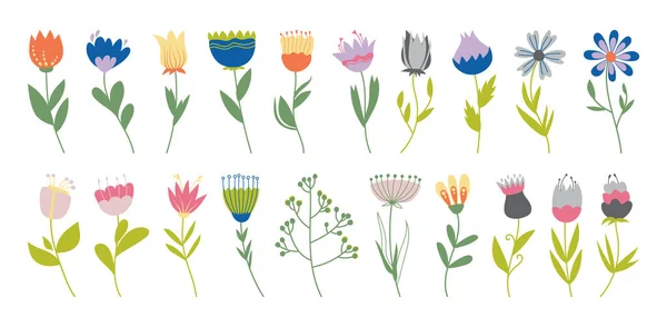 用于设计和装饰的一组花卉装饰元素 春天矢量手绘复古色彩的花朵 一套夏天和春天的扁平民花 在白色的背景上隔绝 — 图库矢量图片