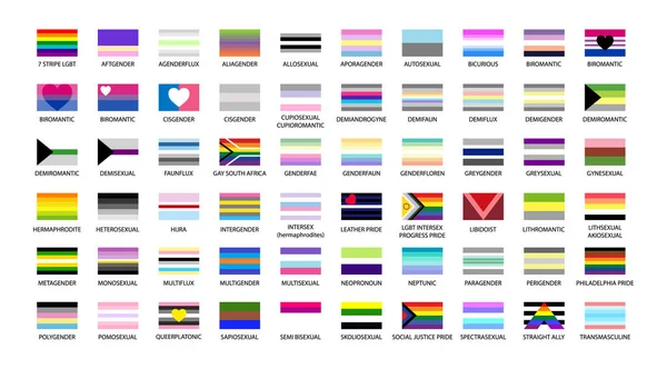 Büyük bir lgbtq topluluk bayrakları seti. LGBT Gurur Ayı çizimleri, LGBTQ konsepti. Cinsiyet eşitliği ve cinsel kimlik, homoseksüelliğe destek. Uluslararası lgbt Onur Günü için simgeler ayarlandı.