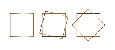 Metin veya fotoğraf için doğrusal sevimli kare çerçeveleri ayarla. Tasarım, dekor ve kolajlar için altın gradyan çizgisi dekoratif elementleri - modern modayı oluşturan geometrik vektör çerçeveleri