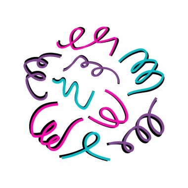 Sevimli yılan desenli element. Farklı tatiller için dekoratif çizimler. Kartları, kartpostalları, davetiyeleri süslemek için gölgeli renkli kurdeleler. Şenlikli tasarım renkli resimleme.