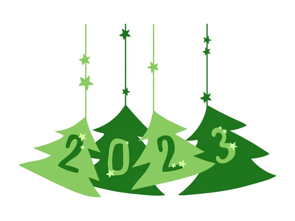 2023 numaralı Noel yeşili ağaçlar. Yeni yıl tatili, Noel arifesi. Kutlama, dekorasyon, şenlik unsuru. Yeni Yıl dekoratif vektör unsuru, yeşil tatil ağaçları asmak.
