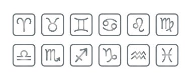 Zodiac işaretleri, on iki burç takımyıldızının astrolojik sembolleri. Beyaz arkaplanda izole edilmiş vektör çizimleri. Yıldız falı elementleri ve gök gümüşü gradyan kare simgeleri.