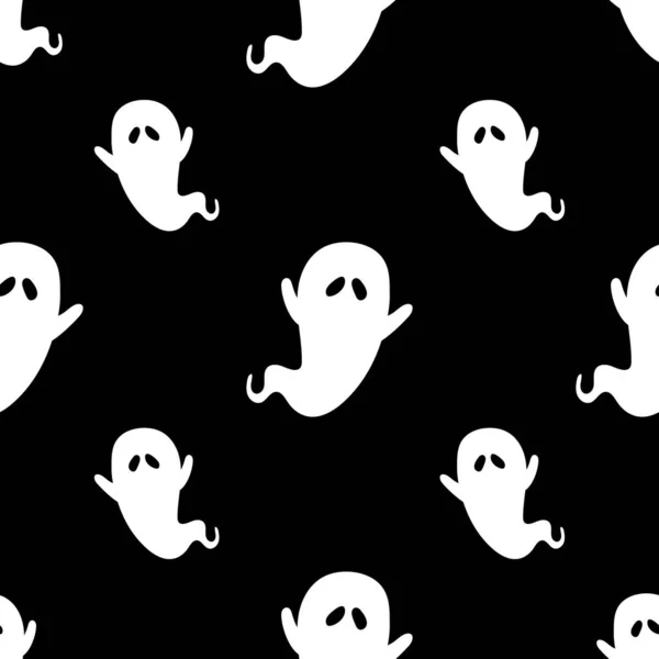 怖い面白い幽霊とハロウィーンのシームレスなパターン お祭りの怖いパターン カラフルなハロウィーンのプリント 秋の壁紙や幽霊とパーティーの背景 包装紙のための — ストックベクタ