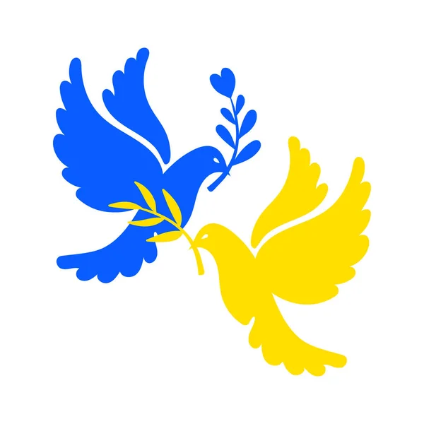 Two pigeons in blue yellow colors of Ukrainia flag, dove of peace with olive branch. Russian Ukrainian military conflict symbol sign, geopolitics. Stop war, pray for Ukraine. Support Ukraine, no war.