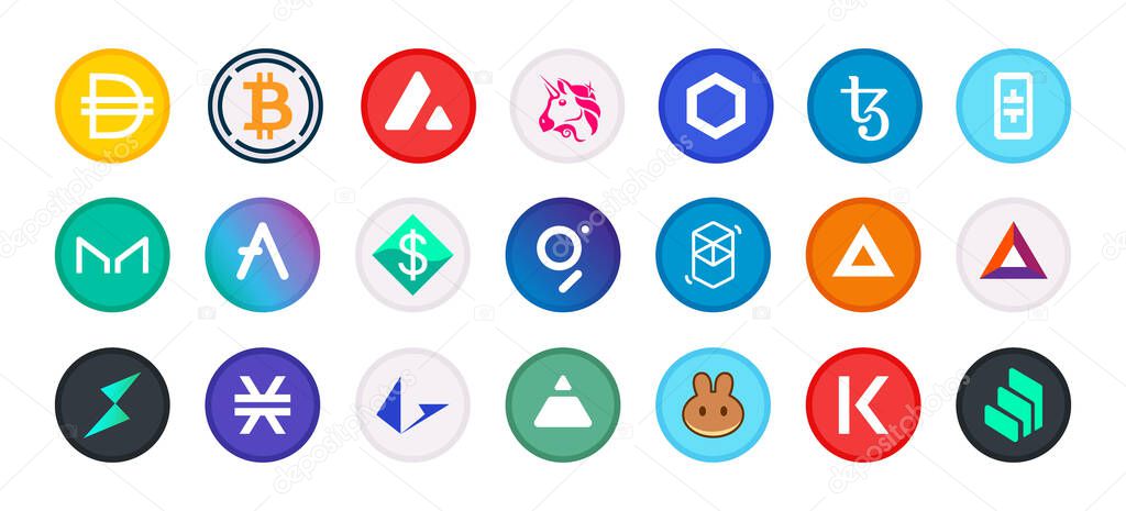 Cryptocurrency symbol, sign, set of vector coins for crypto currency logos. Flat DeFi crypto coins illustrations, isolated on white background. Digital crypto market, electronic money emblems.