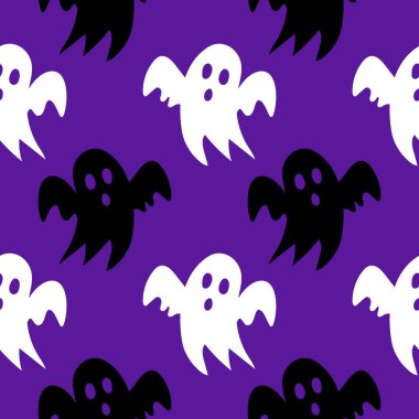 Ghosty korkunç desen, renkli Cadılar Bayramı baskısı. Sonbahar duvar kâğıdı ya da hayaletli parti arka planı. Kumaş için, tekstil için, ambalaj kağıdı için. Korkunç komik hayaletlerle kusursuz bir Cadılar Bayramı deseni.