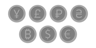 Set of simple silver coins with signs and symbols of different currencies. Decorative element, gray metallic currency coin, finance and investment. Vector isolated money illustrations, iron coins set