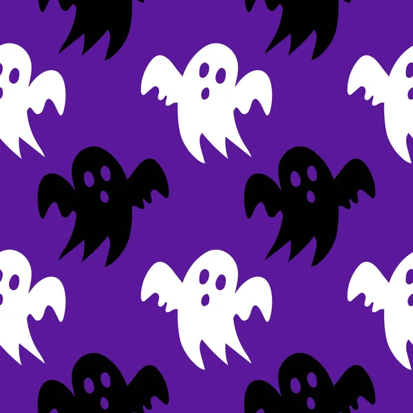 Ghosty scary pattern, colorful Halloween print. Autumn wallpaper or party background with ghosts - for fabric, for textiles, for wrapping paper. Halloween seamless pattern with scary funny ghosts.