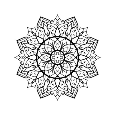 Yetişkin boyama kitabı için mandala siluet baskısı. Süslü, yuvarlak çiçek süsü. Oriental vektör çizimi, anti stres terapisi, yoga ve meditasyon için tasarım veya dekor. Geometrik çiçek şekli.