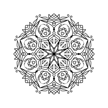 Yetişkin boyama kitabı için mandala siluet baskısı. Süslü, yuvarlak çiçek süsü. Oriental vektör çizimi, anti stres terapisi, yoga ve meditasyon için tasarım veya dekor. Geometrik çiçek şekli.