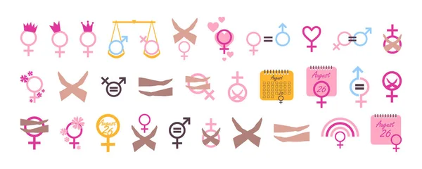 Zestaw Ikon Dnia Równości Kobiet Sierpnia Koncepcja Wakacyjna Równe Prawa — Wektor stockowy