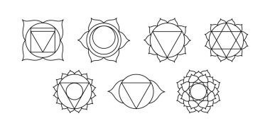 Set of outline Chakra meaning seven meditation wheel used in variety of ancient spiritual practices. Seven chakras line art symbols signs, mystical esoteric, yoga and meditation. Buddhism, Hinduism.