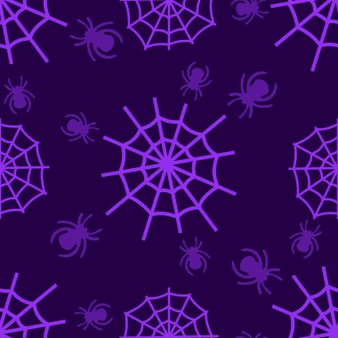 Örümcekler ve örümcek ağlarıyla kusursuz bir Cadılar Bayramı deseni. Korkunç desen, renkli Cadılar Bayramı baskısı. Sonbahar duvar kâğıdı ya da örümcek ağlı parti arka planı. Kumaş, tekstil ve ambalaj kağıdı için..