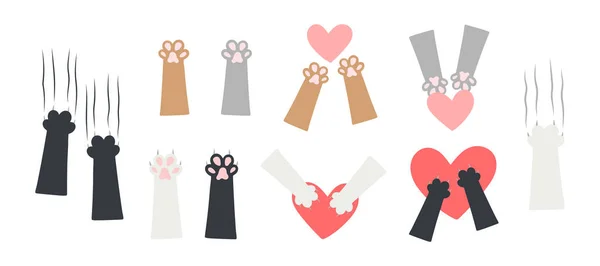 International Cat Day Set Cute Icons Cat Paws Scratches Heart — Stockvektor