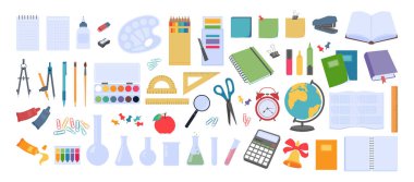 School supplies flat design. Big vector set of elements with stationery and school supplies. Office and education equipment - book, notebook, ruler, flasks, paints, pencils and etc. Back to school.