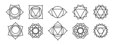 Seven chakras line art symbols signs, mystical esoteric, yoga and meditation. Buddhism, Hinduism. Set of outline Chakra meaning seven meditation wheel used in variety of ancient spiritual practices.