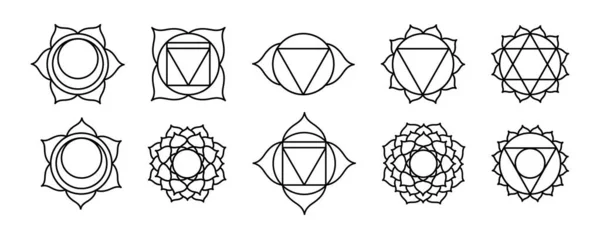 Seven chakras line art symbols signs, mystical esoteric, yoga and meditation. Buddhism, Hinduism. Set of outline Chakra meaning seven meditation wheel used in variety of ancient spiritual practices.