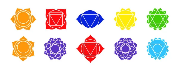 Seven Chakras Vector Symbols Signs Mystical Esoteric Yoga Meditation Buddhism — Vettoriale Stock