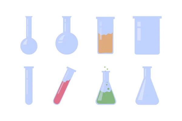 Set Glass Flasks Empty Liquid School Supplies Flat Design Education — Vector de stock