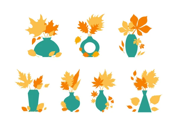 Set Autumn Orange Yellow Leaves Blue Vases Autumn Concept Postcard — Vettoriale Stock