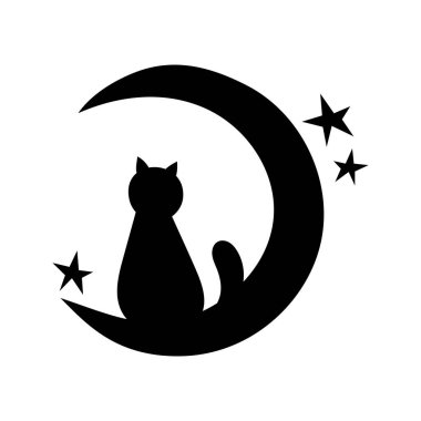 Cat silhouette, isolated on white background. Vector illustration, traditional Halloween decorative element. Halloween silhouette black cat on crescent moon with stars - for design, decor and cricut
