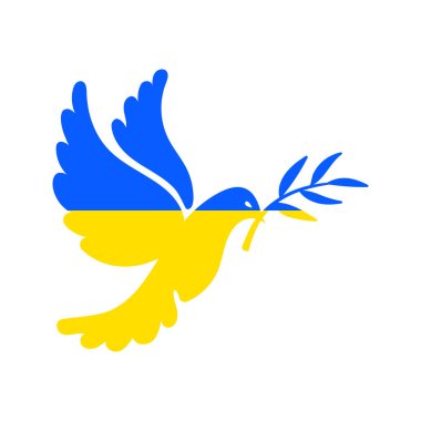 Pigeon in blue yellow colors of Ukrainia flag, dove of peace with olive branch. Russian Ukrainian military conflict symbol sign, geopolitics. Support Ukraine, no war. Stop war, pray for Ukraine.