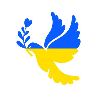 Pigeon in blue yellow colors of Ukrainia flag, dove of peace with olive branch. Russian Ukrainian military conflict symbol sign, geopolitics. Support Ukraine, no war. Stop war, pray for Ukraine.