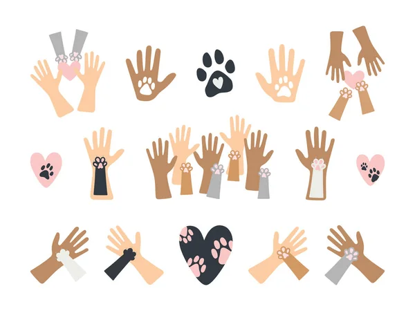 Set human hands and pet paws love illustrations. International Homeless Animals Day. Cute icons - pet paw, human hand, hear shape, etc. World pets day decorative elements