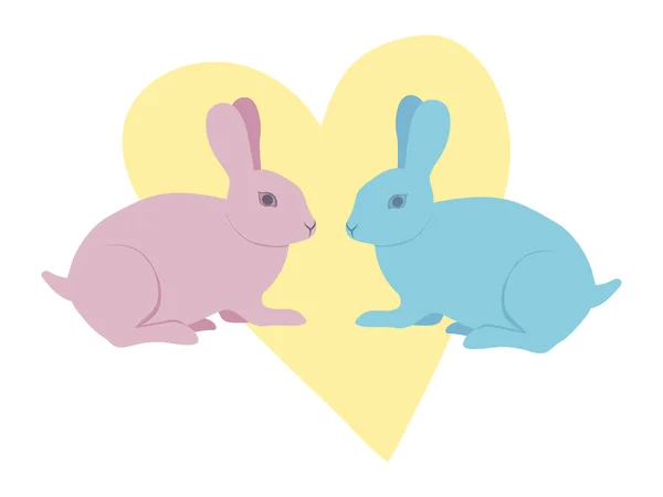 Composition Two Rabbits Heart Pink Blue Hare Family Love Bunny — Stock Vector