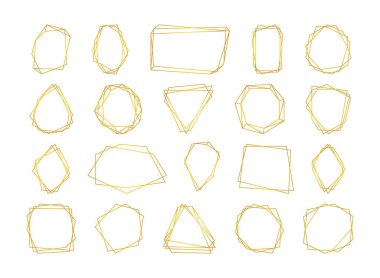Set gold polygonal geometric frames. Luxury decorative lines borders with golden gradient. Line design elements for wedding invitation card, different celebration and holidays, poster and banner.