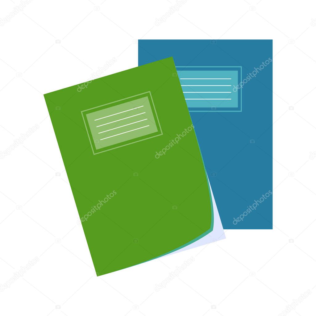 Green and blue school notebooks illustration. School supply flat design. Office element - stationery and school supply. Back to school. Few notebooks icon for writing and studying.