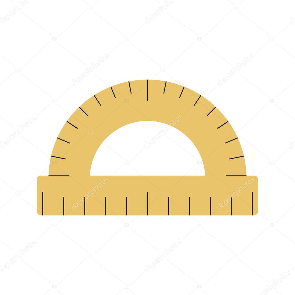 Ruler protractor illustration. School supply flat design. Office element - stationery and art school supply. Back to school. Wooden protractor ruler icon - tool to measure length