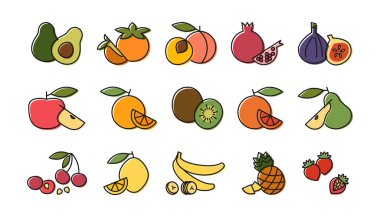 Set outline fruit icons. Vector illustrations of fruits and berries in color line art style. Concept of proper nutrition and healthy food. Colorful vegetarian vegan food icons for site or mobile app