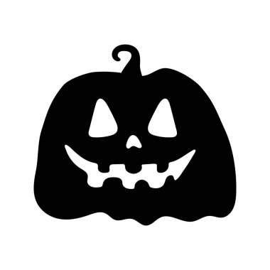 Funny pumpkin silhouette, isolated on white background. Vector illustration, traditional Halloween decorative element. Halloween silhouette black pumpkin head, Jack O Lantern for design or decor.