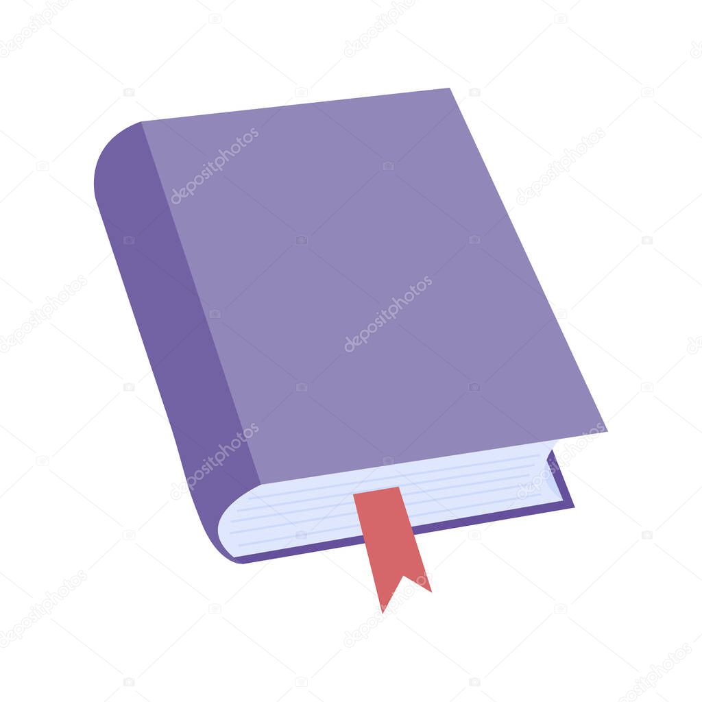 Closed book with bookmark illustration. School supply flat design. Office element - stationery and art school supply. Back to school. Purple book icon - for reading, textbook icon.