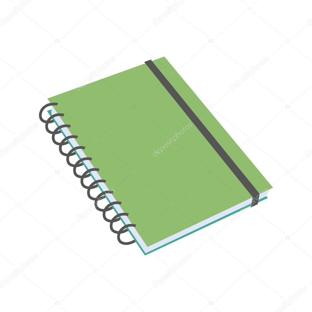 Green notebook on springs illustration. School supply flat design. Office element - stationery and school supply. Back to school. Notebook icon for writing notes, green textbook.