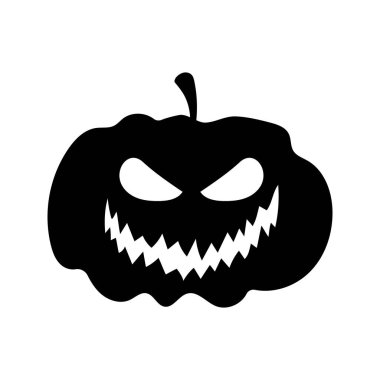 Halloween silhouette black pumpkin head, Jack O Lantern for design or decor. Vector illustration, traditional Halloween decorative element. Funny pumpkin silhouette, isolated on white background.