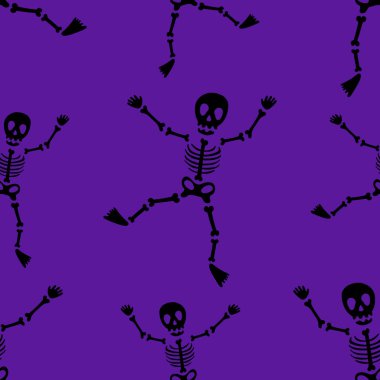 Dans eden iskeletlerle kusursuz bir cadılar bayramı deseni. Korkunç desen, renkli Cadılar Bayramı baskısı. Sonbahar iskelet duvar kâğıdı ya da kafatasları olan parti arka planı - kumaş için, tekstil için, ambalaj kağıdı için.